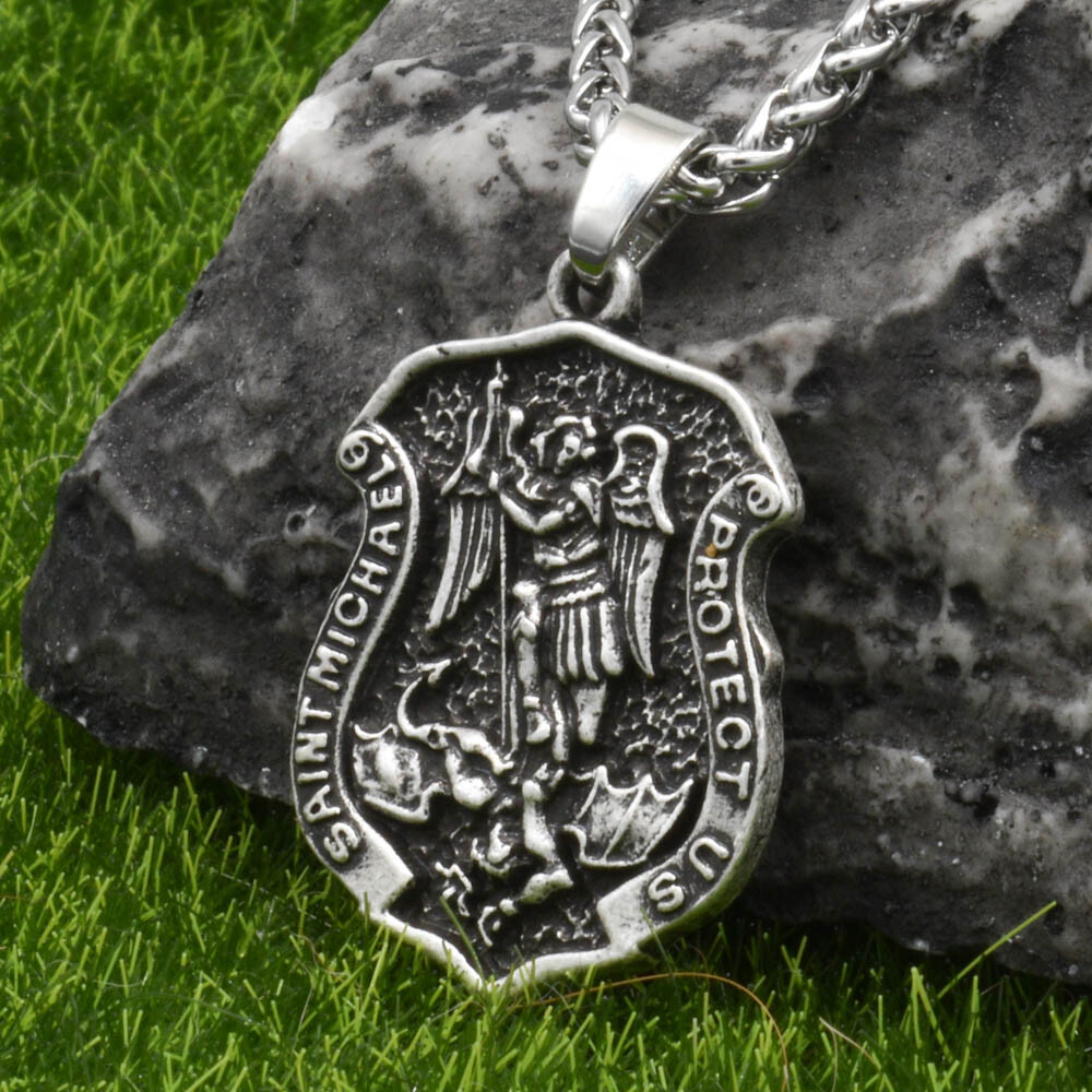 Archangel Saint St Michael Protect Us Medal Shield Pendant Necklace w 20" Chain