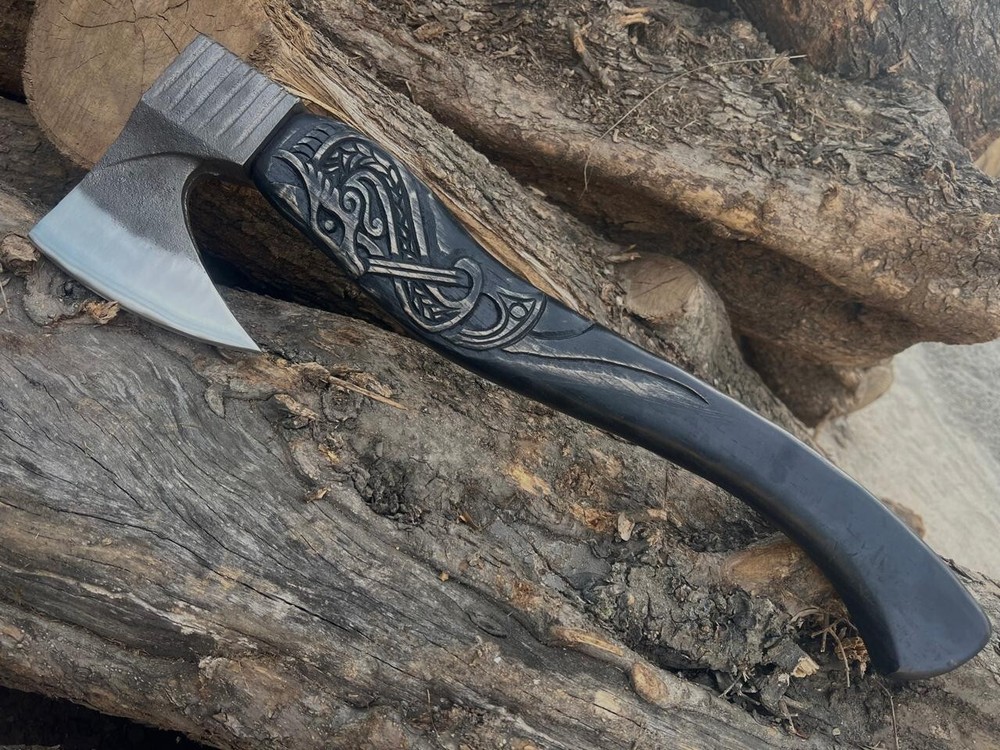 Custom Carbon Steel Viking Hatchet Axe with Engraved Handle
