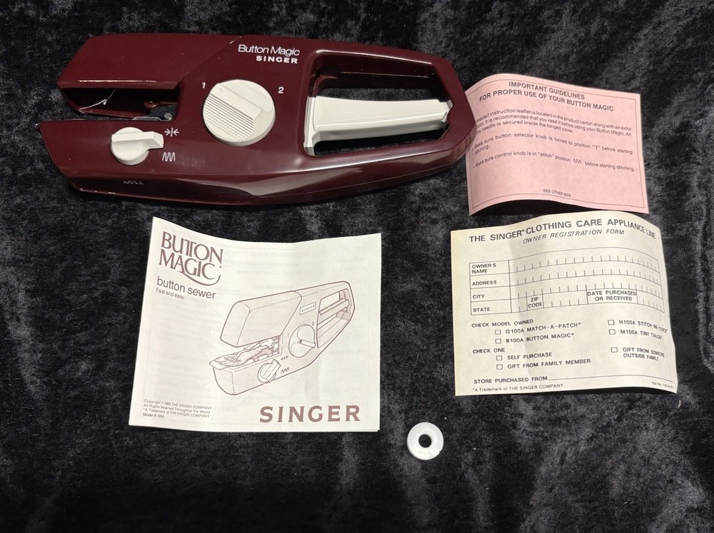 Vintage Model B100A Singer Button Magic Hand Held Button Sewer Original Box