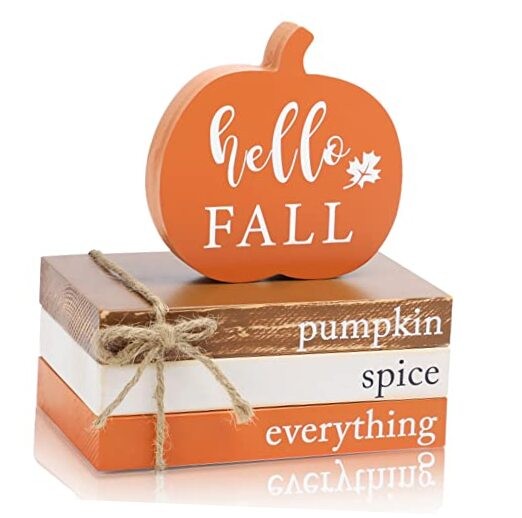 Fall Wood Book Stack, Fall Thanksgiving Decorations Tiered Hello Fall & Pumpkin
