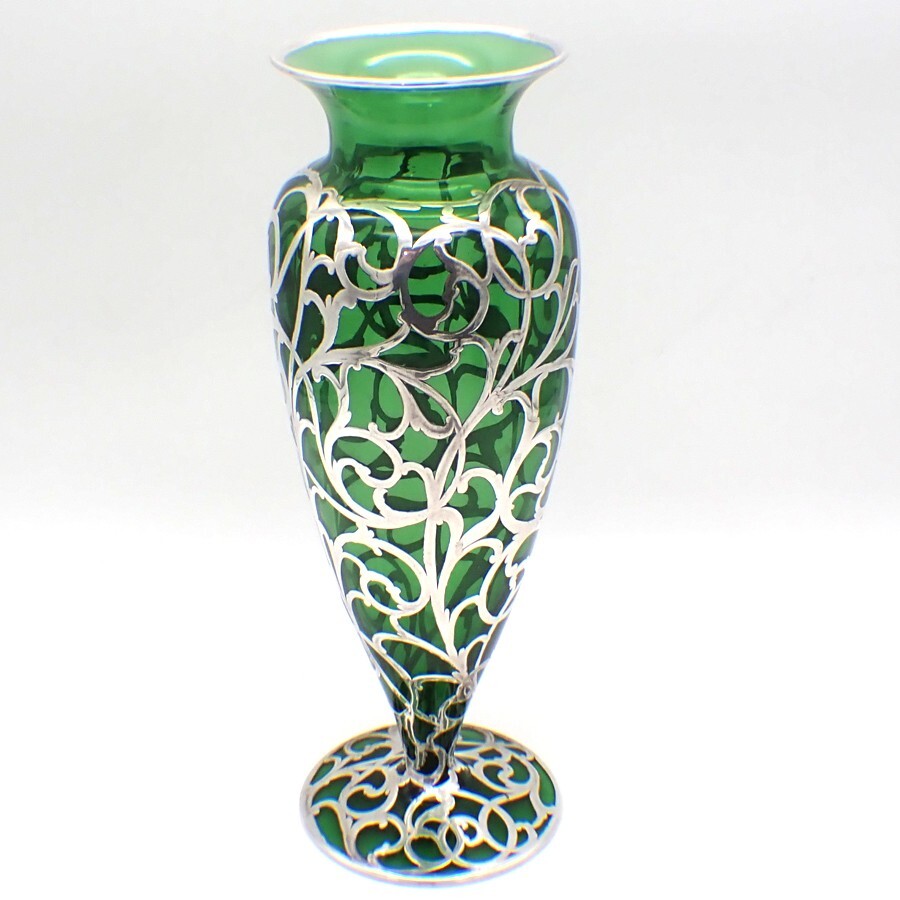 Green Glass Vase Silver Overlay