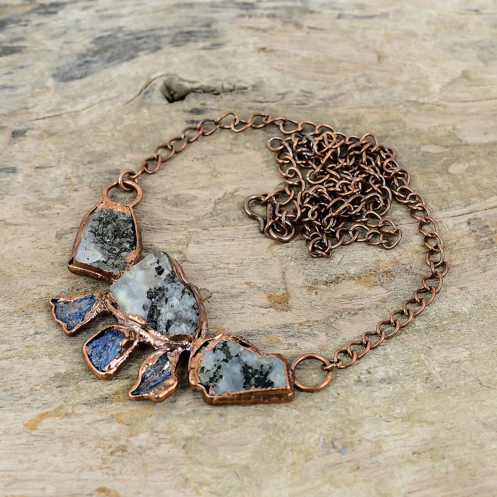 Rainbow Moonstone Rough Electroformed Chain Adjustable Necklace Copper 18.0"
