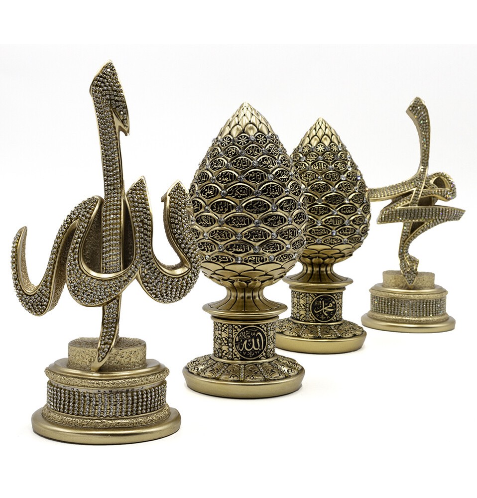 Islamic Table Decor 4 Piece Set | Allah & Muhammad with 99 Names Eggs - Gold