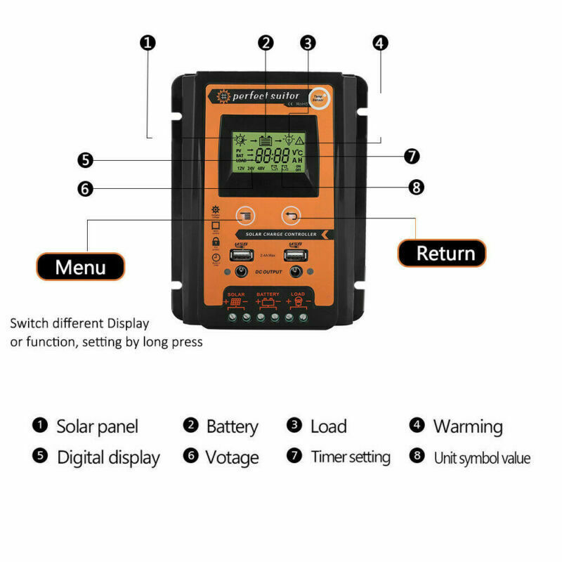 Panel Battery Regulator 70A 12/24V Dual USB Solar Charger Controller