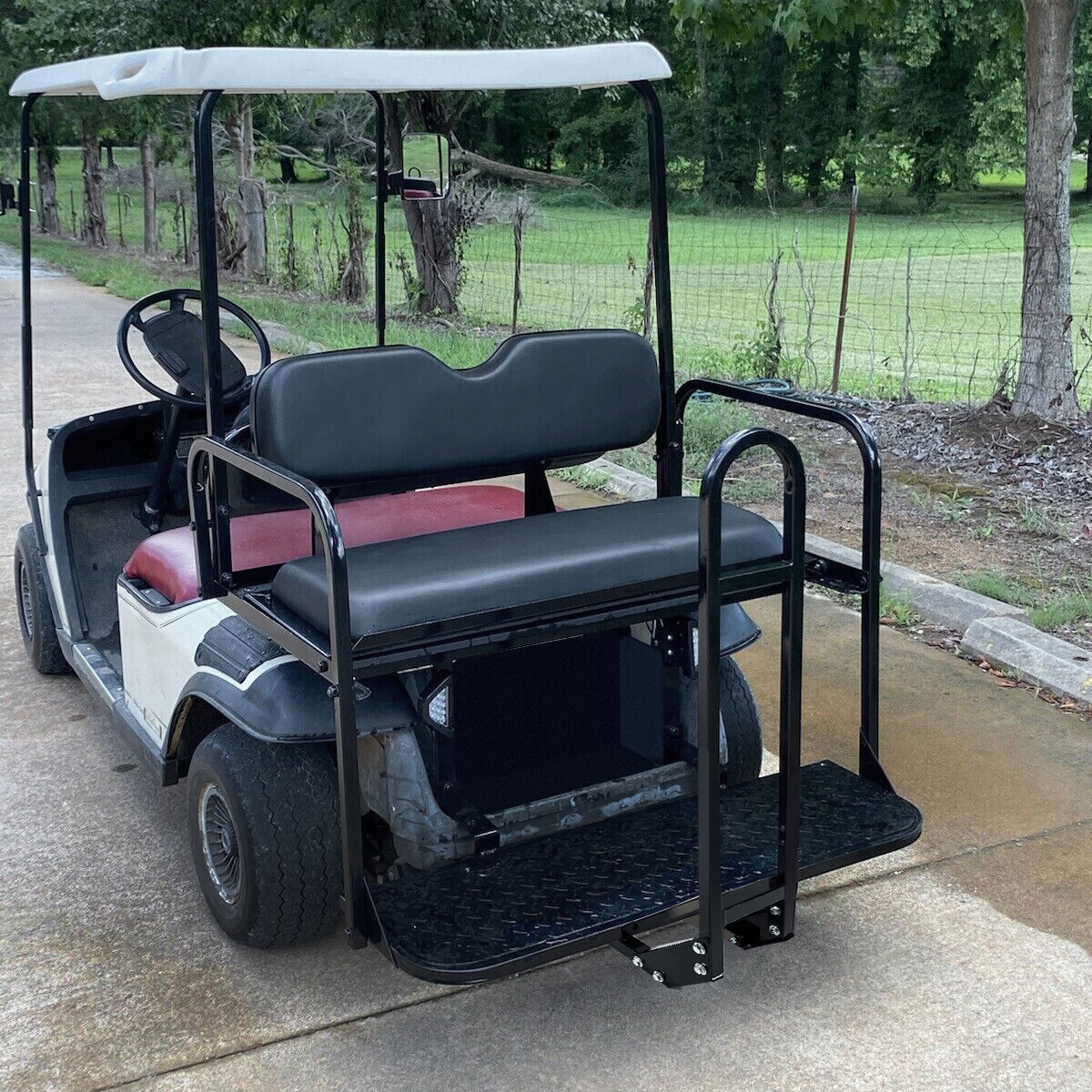 Golf Cart Black Rear Flip Folding Seat Kit + Grab Bar For EZGO TXT 1995-Up