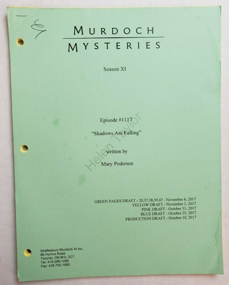 MURDOCH MYSTERIES / Mary Pedersen 2017 Script, HELENE JOY "Shadows Are Falling"