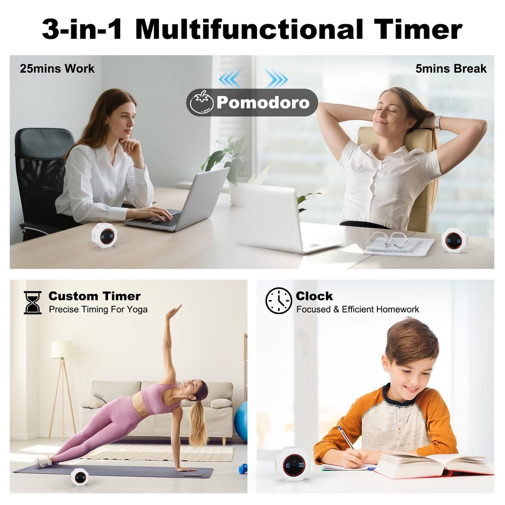 Small Productivity Timer - Pomodoro Timer with 3/5/10/25/60 Min Presets & Cus...