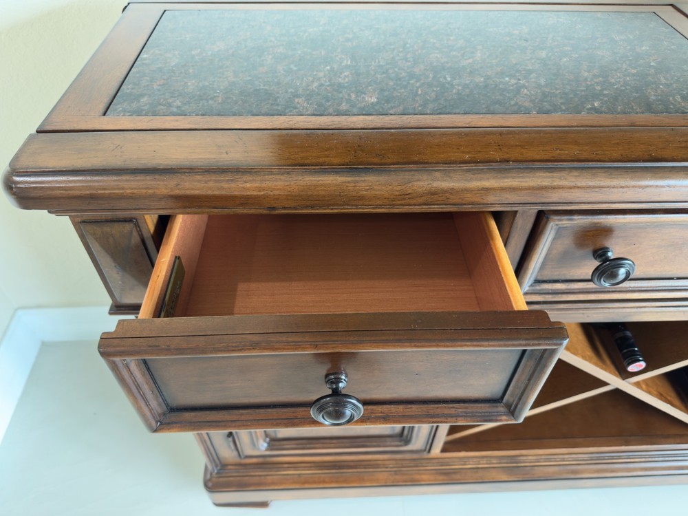 Antique Solid Wood Sideboard Buffet with Wine Rack & Granite Top