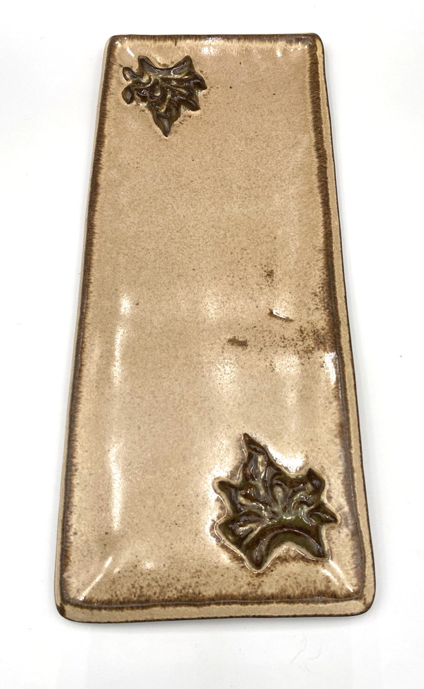 Studio Pottery Long Serving Tray, 12" x 5", Applied Leaves, Signed