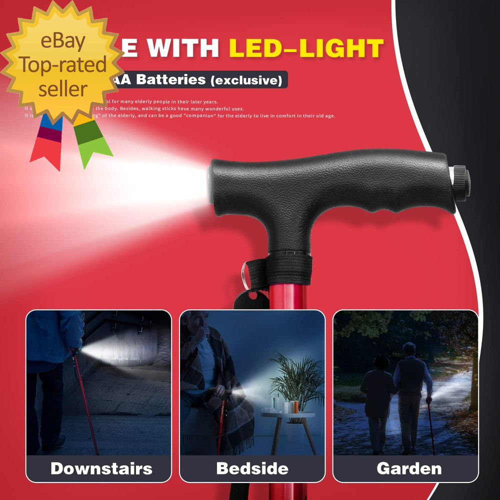 Folding Walking Cane with LED Light,Pivoting Quad Base,Adjustable Walking Stick