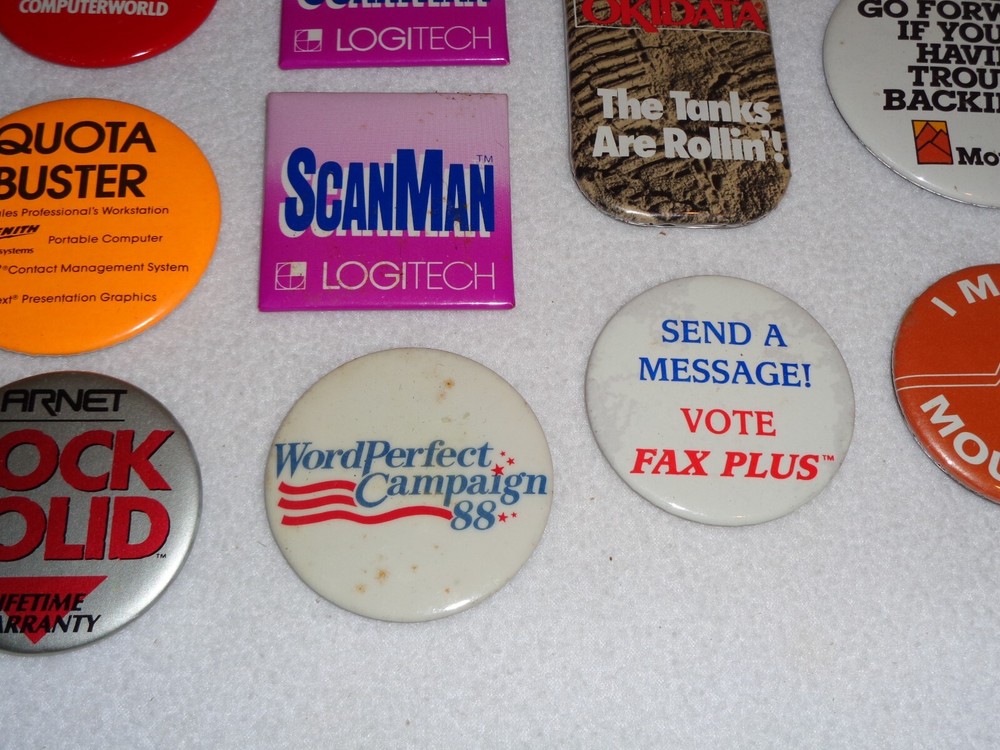 Computer Vintage Pinback Button Lot Computerworld Okidata Zenith Theos (18)