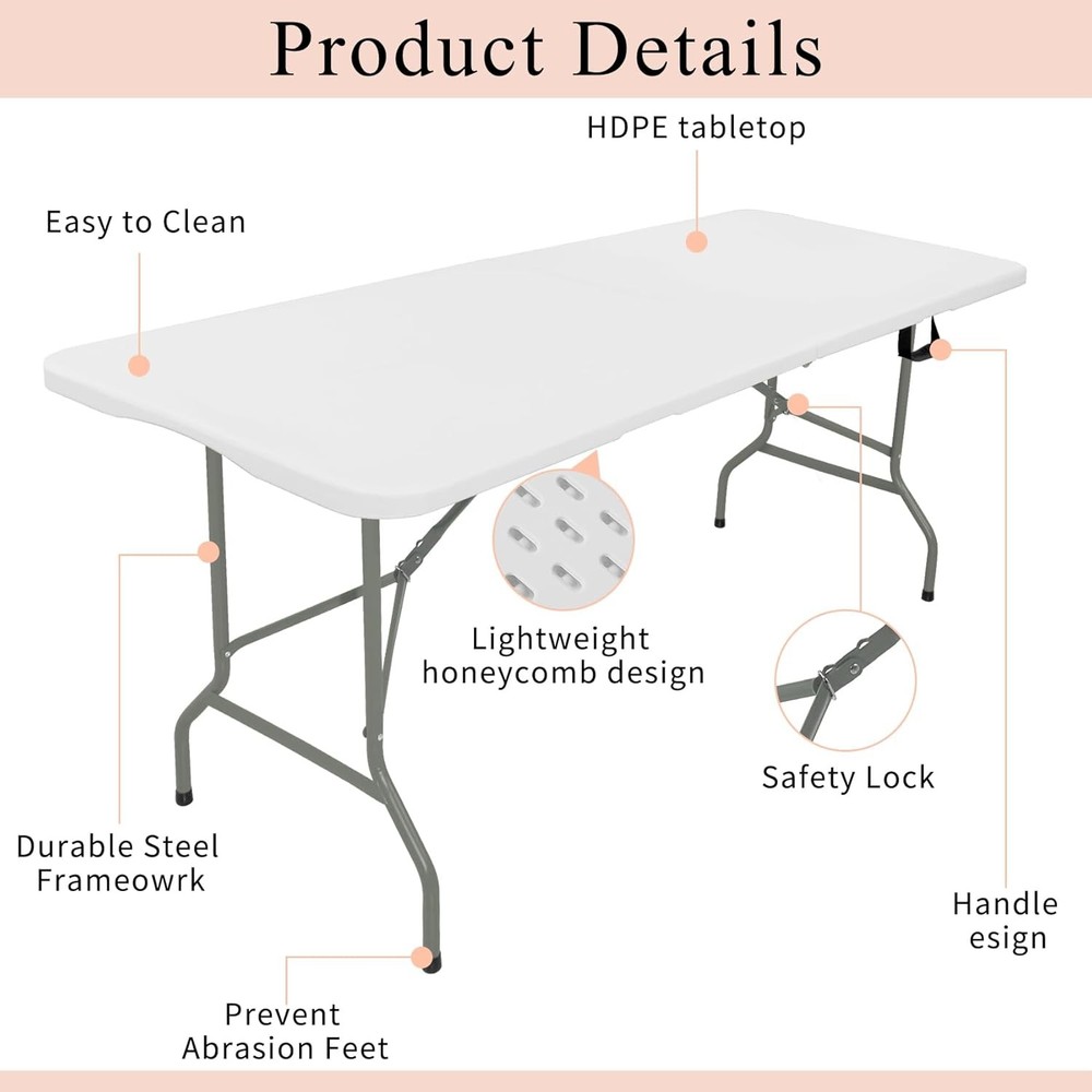 Set of 2 Folding Tables with Carrying Handle Lightweight Rectangular Portable Pl