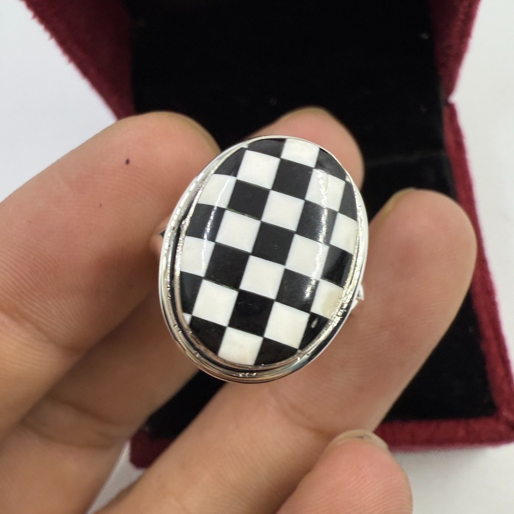 Black Onyx Checkered Silver Ring Opal Checker 925 Sterling Silver Ring