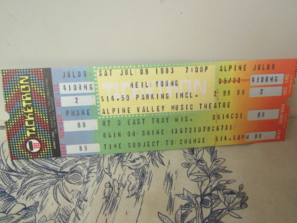Vtg. Sat. July 9, 1983 Neil Young Alpine Valley East Troy, WI Unused Ticket