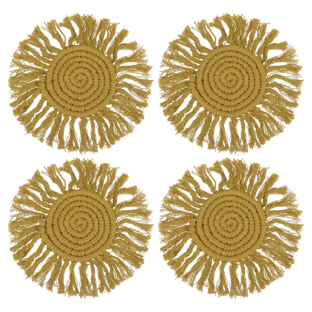 4Pcs Boho Coasters, Woven Drink Coasters with Tassel, Bronze
