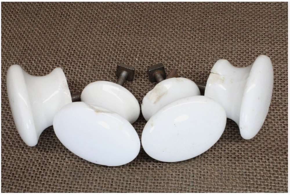 4 Old Knobs 2” Drawer Pulls Door White Porcelain 1800's Square Nuts Vintage CHIP