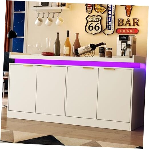 LED Sideboard Buffet Cabinet with Storage, 63'' Large Kitchen Buffet White