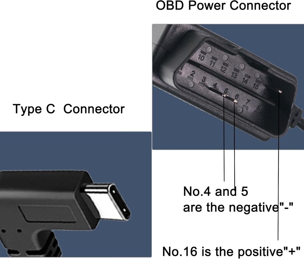 OBD OBD2 Hardwire Kit Power Cable for Dash Camera with 90Degree USB Type C 12