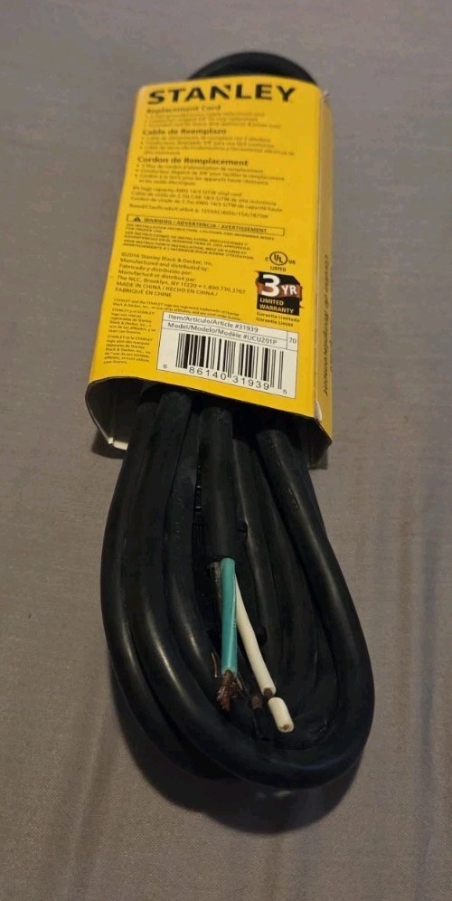 STANLEY Grounded 3-Wire Replacement Cord Black 31939