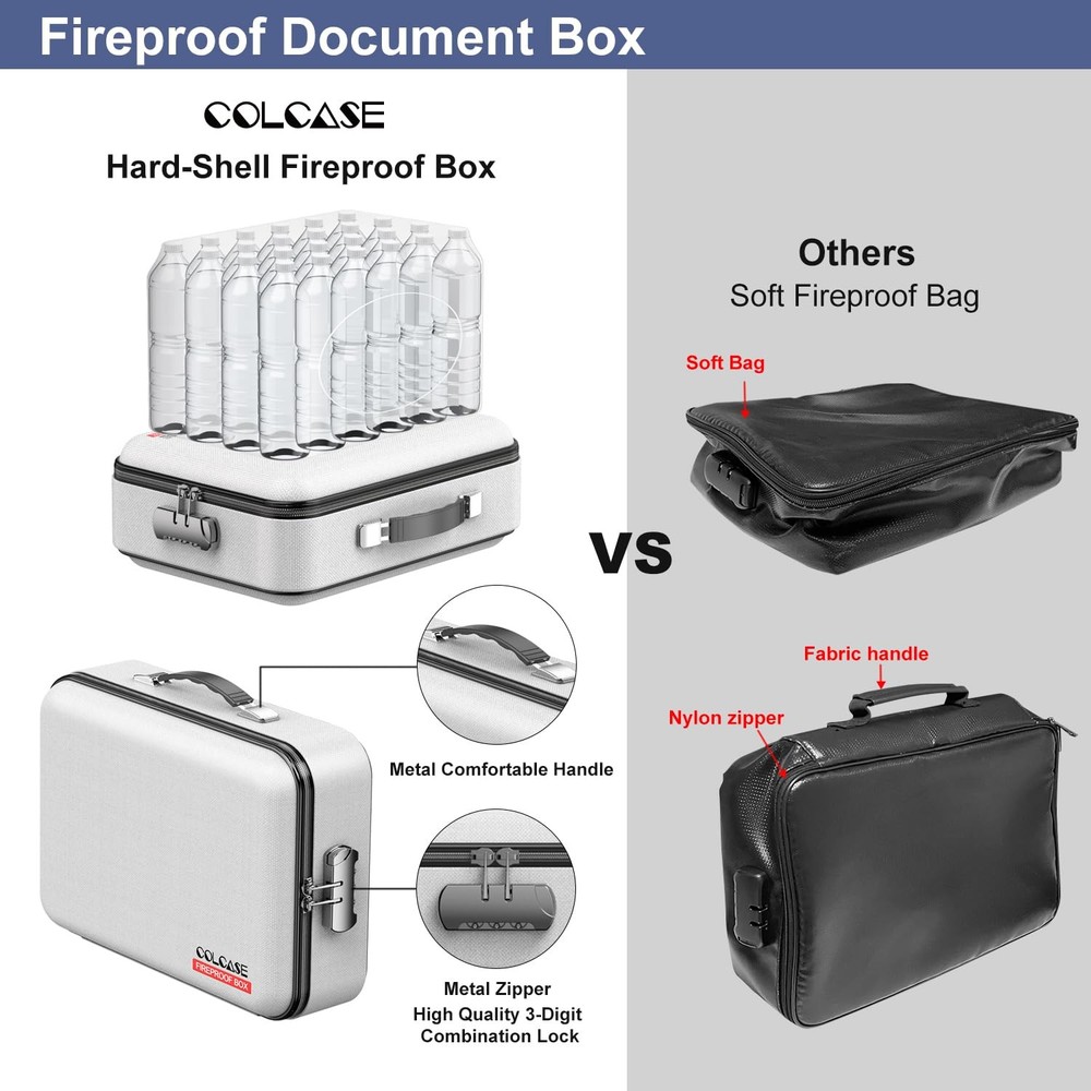COLCASE Fireproof Document Box, Hard Case 15 x 11 x 5 inches, Gray