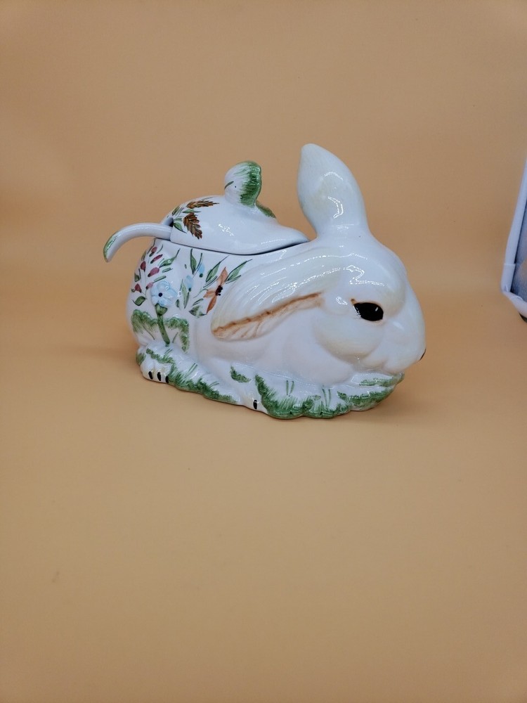 Italian Rabbit Ceramic Bunny Covered Dish With Spoon