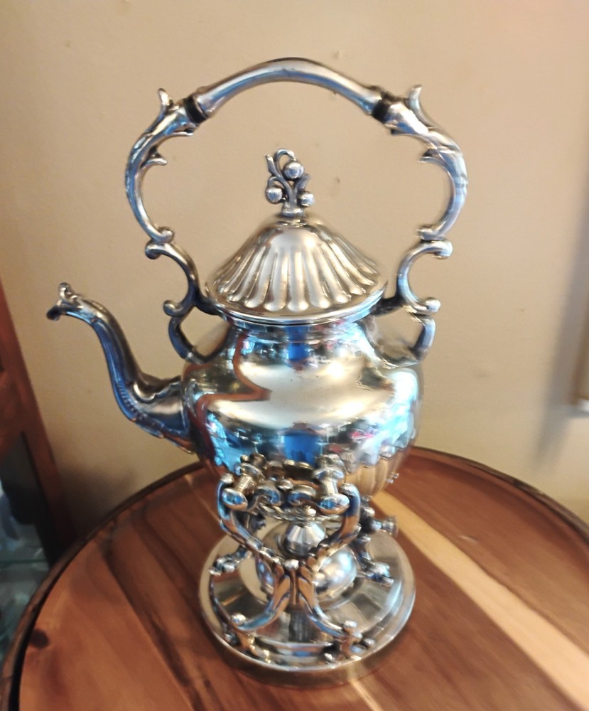 Birmingham Silverplate Over Copper Tilting Tea/Coffee Pot W/Stand & Warmer