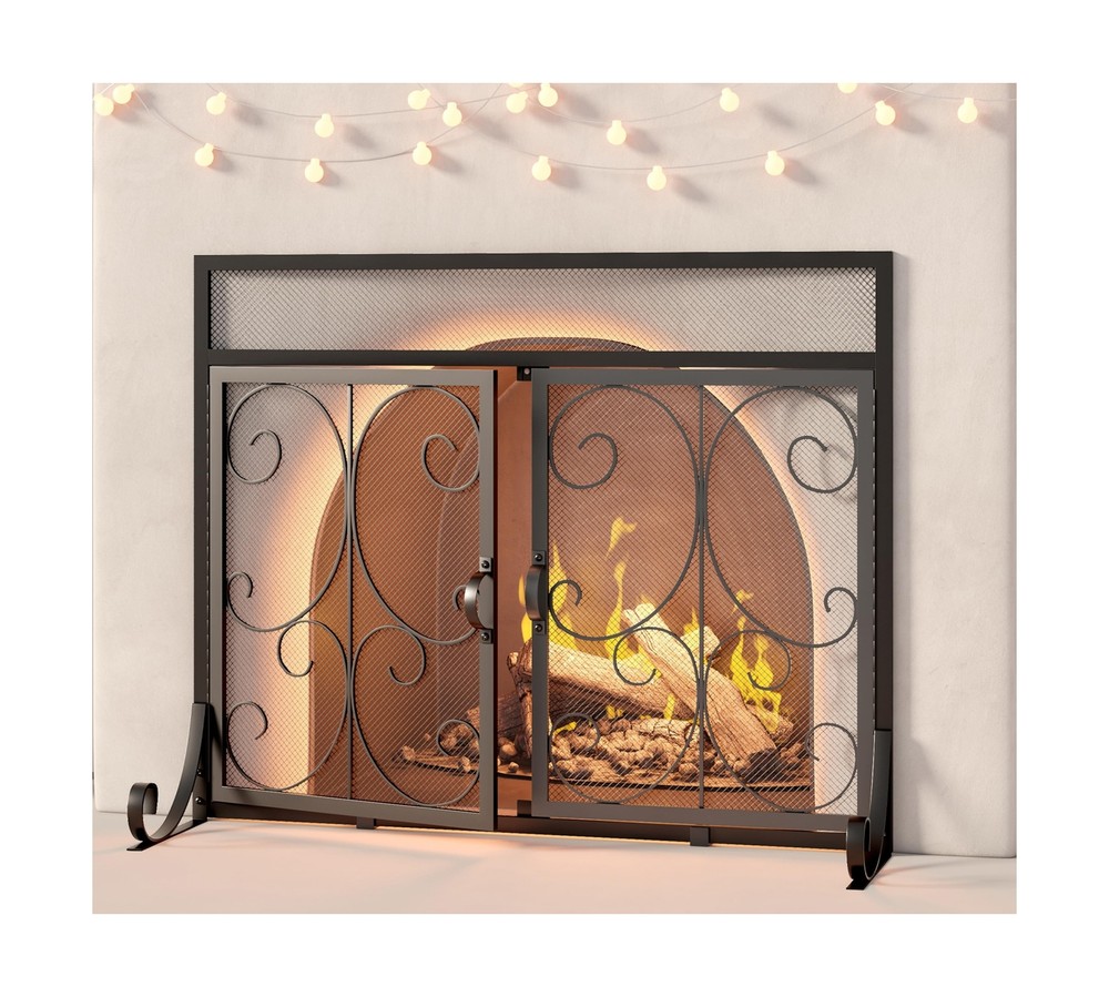 Flat Fireplace Screen with Doors,Solid Wrought Iron Frame with Metal Mesh, Fl...