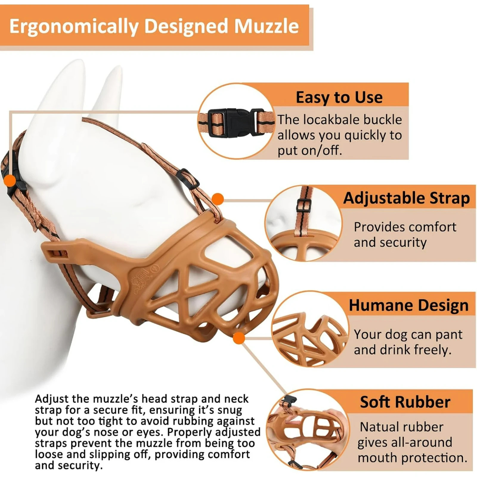 BARKLESS Dog Basket Muzzle for Biting, Humane Mouth Cover- Medium Brown