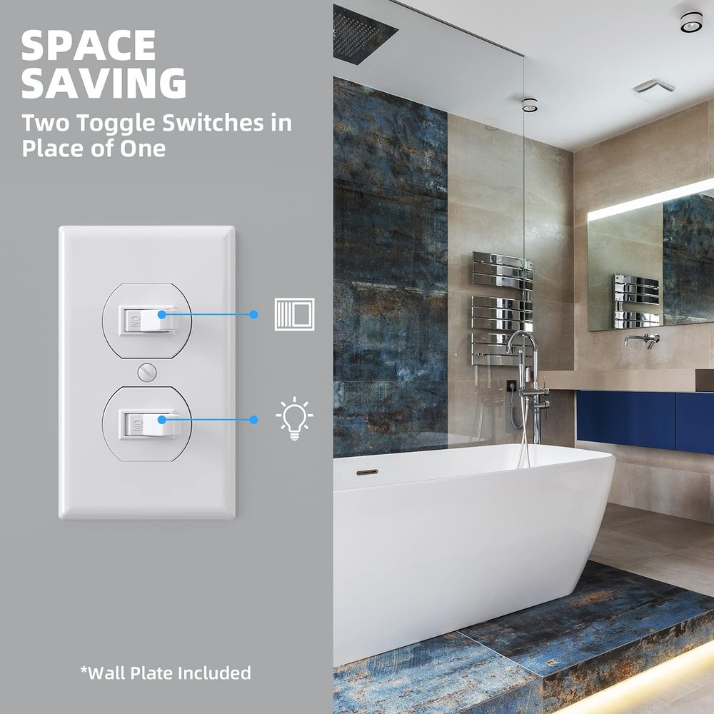 ELEGRP Double Toggle Light Switch 2 Pack Dual Single Pole 15A 120V White