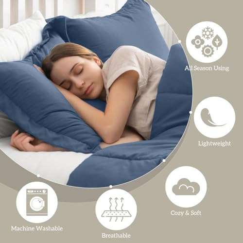 Queen Comforter Set Blue/Grey, Comforters Queen Size Set, Soft Lightweight