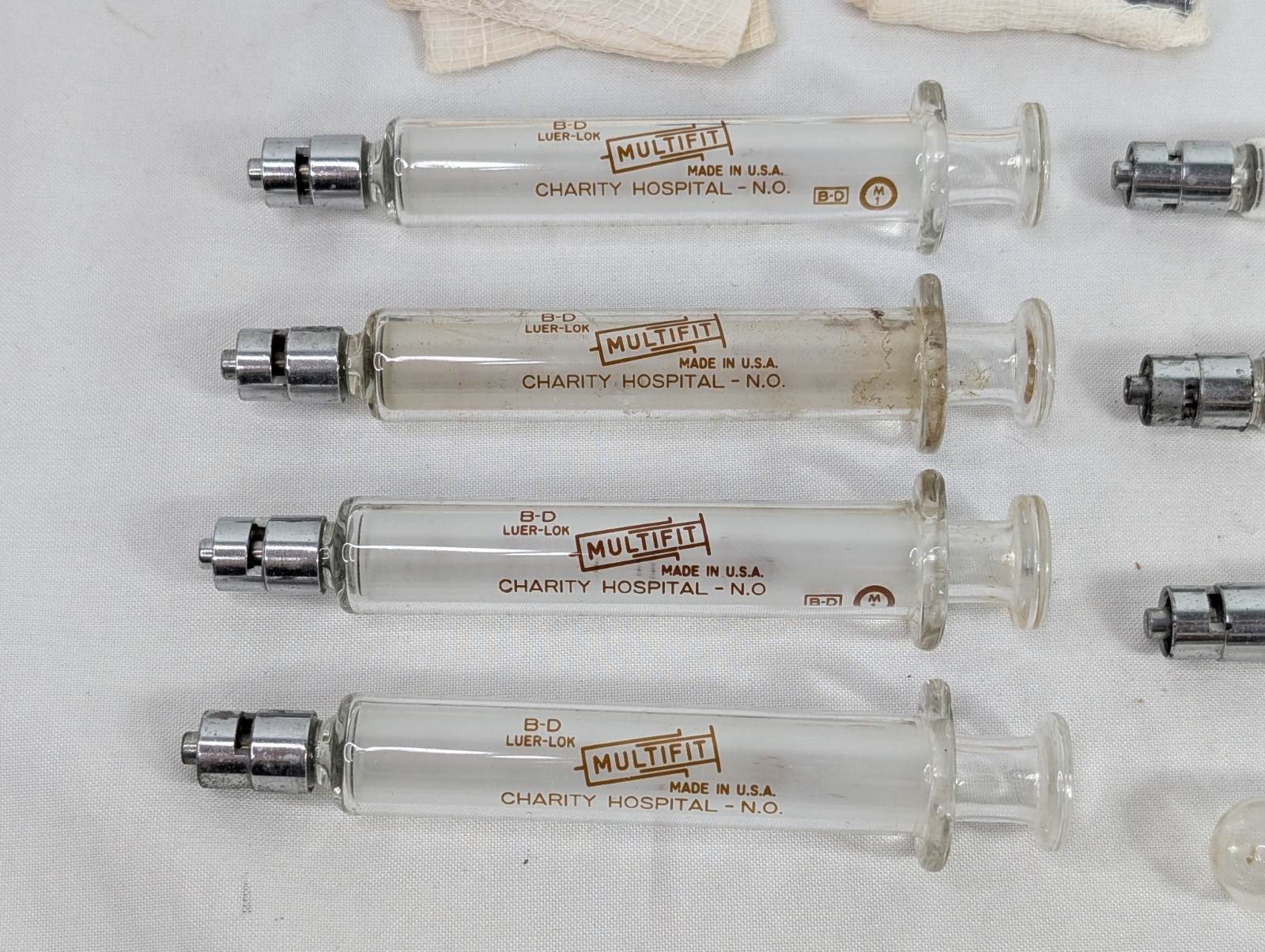 Lot of 7 B-D Luer Lock Multi Fit Glass Hypodermic Syringes NEW ORLEANS HOSPITAL