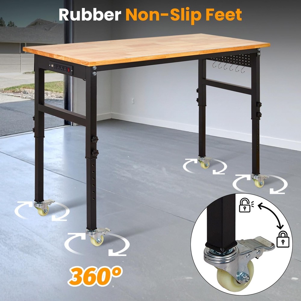 60" Adjustable Workbench w/Wheels & Power Outlets, 2000Lbs Work Table for Garage