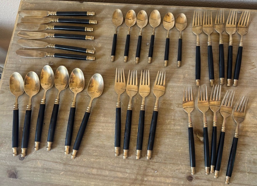 Vintage Brass & Black Bakelite Set Flatware Silverware 32 Piece Set