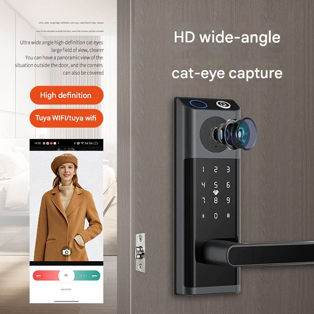 Smart Door Lock Fingerprint Camera Handle Keyless WiFi APP Control