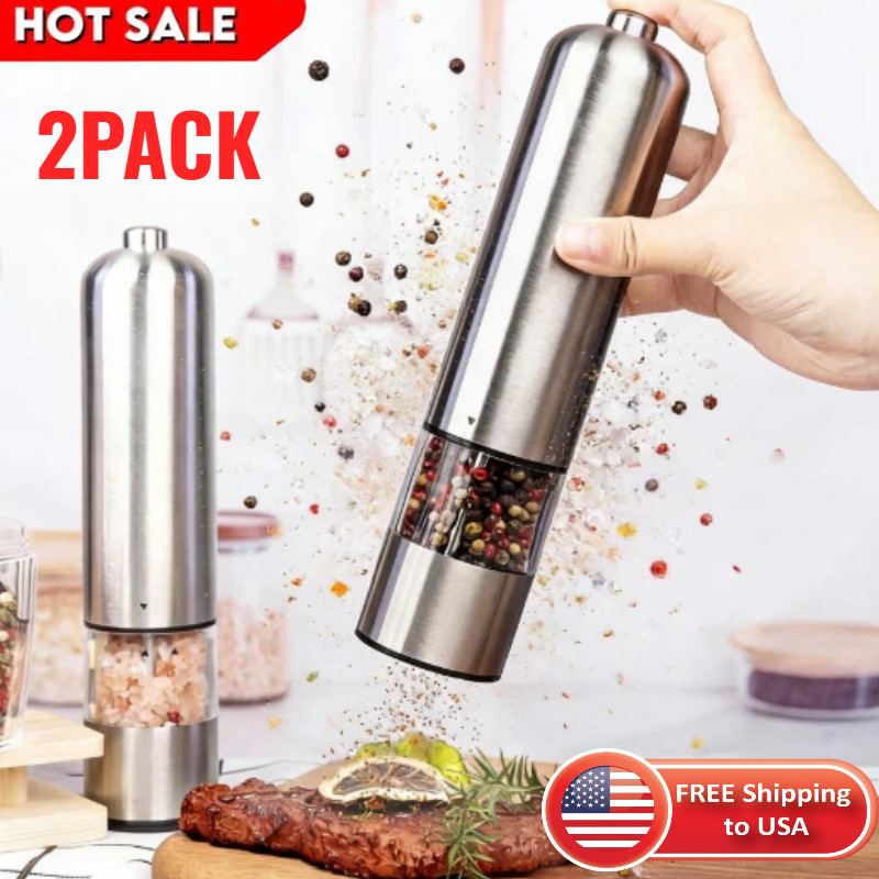 2PACK Adjustable Electric Salt Pepper Grinder Mill Shakers Set Stainless Steel✅