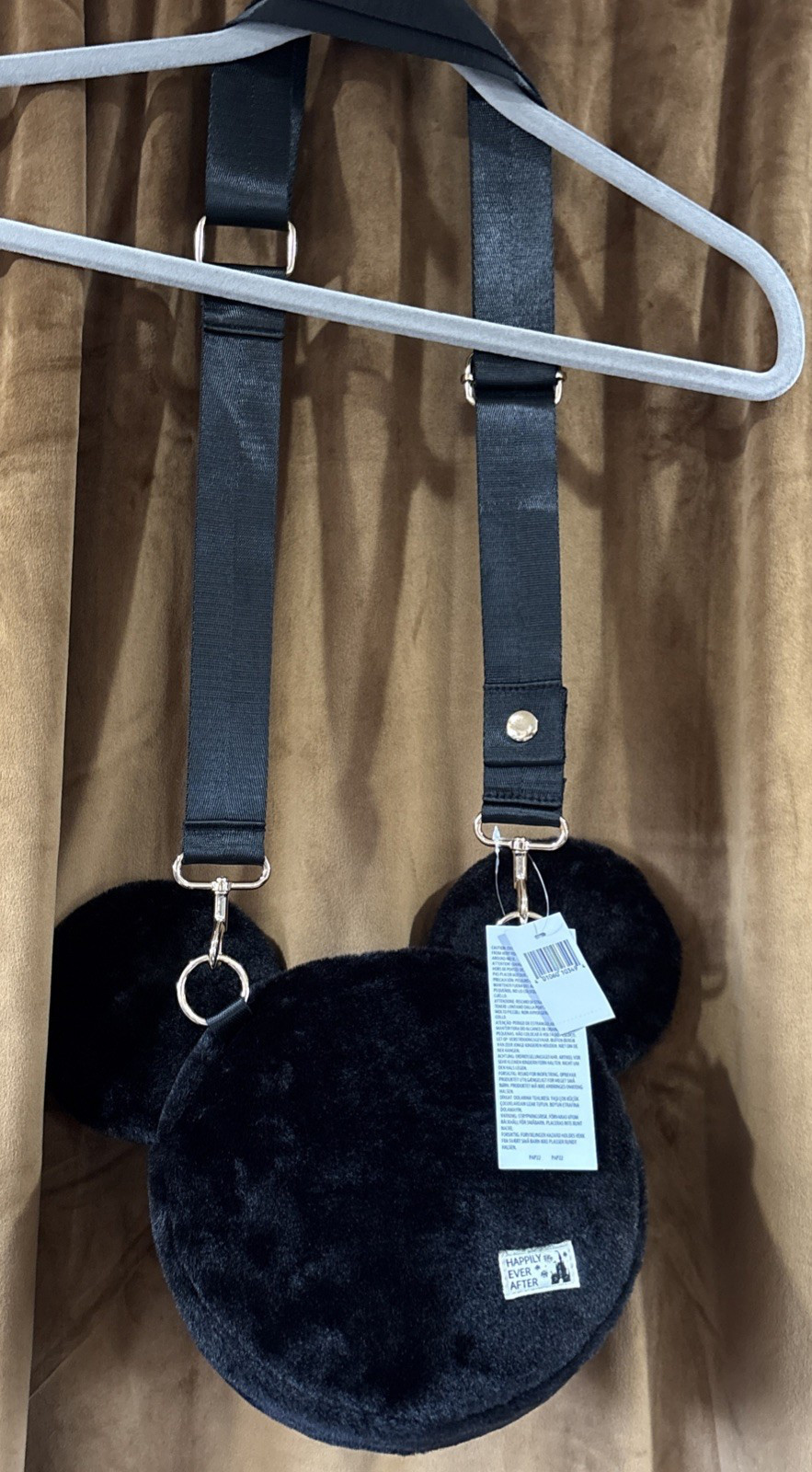 2025 Disney Parks Mickey Mouse Head Happily Ever After Plush Crossbody Black Bag