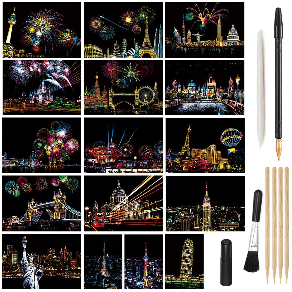 Magic Scratch Art Paper, Mini Envelope Postcard, Rainbow Night View Scratchbo...