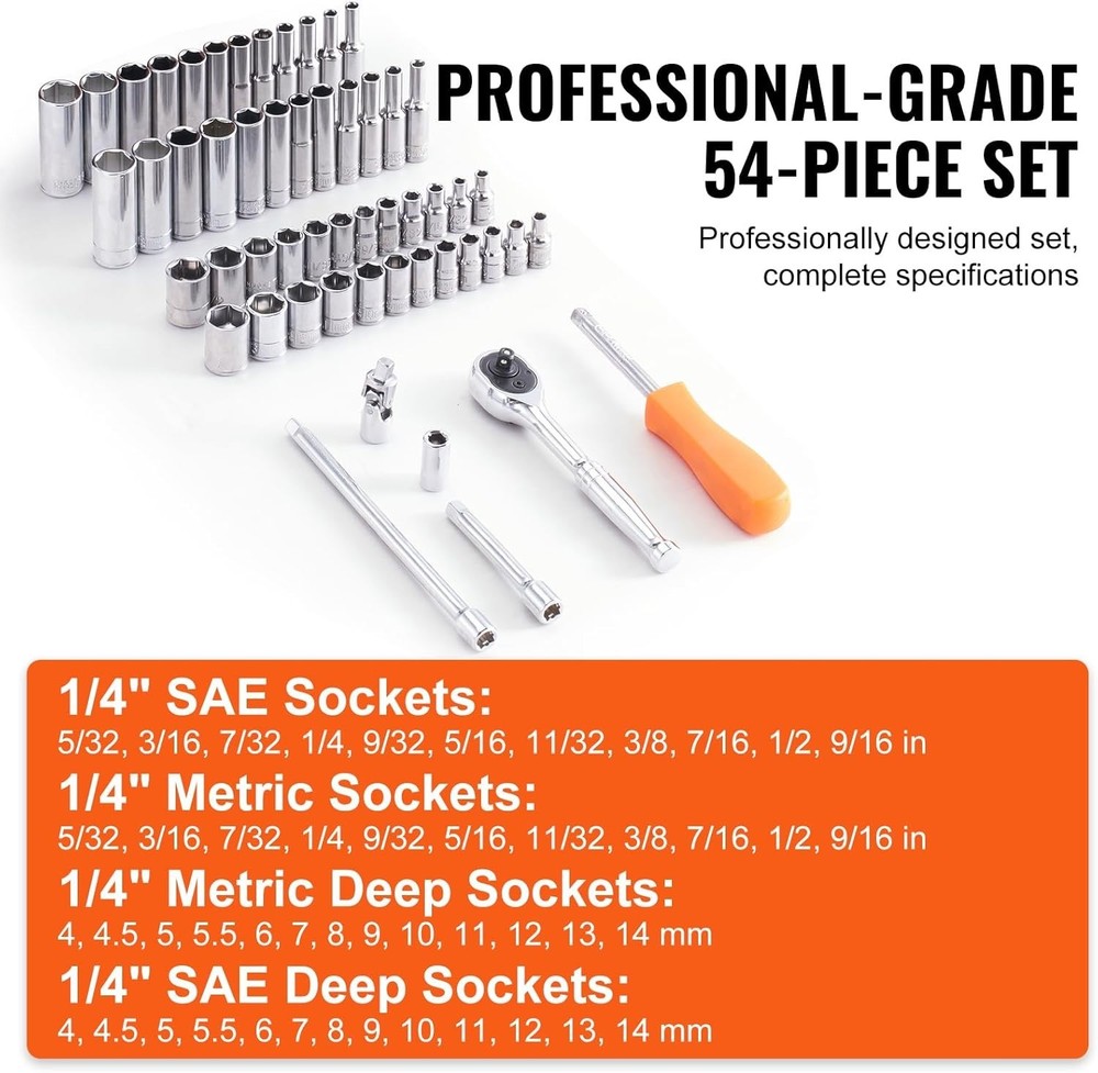 Socket Set, 1/4 Inch Drive Socket and Ratchet Set, 6-Point Socket Opening, 54...