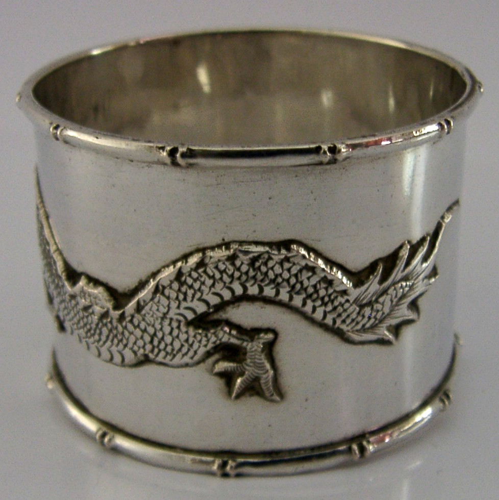 CHINESE EXPORT SOLID SILVER NAPKIN RING DRAGON c1900