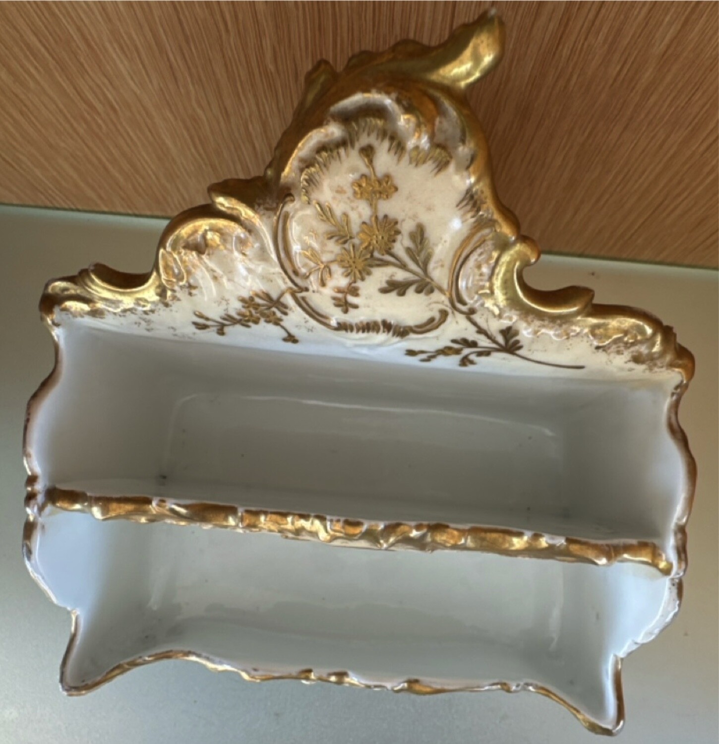 antique c. 1900 AK CD LIMOGES gilt porcelain letter holder desktop accessory