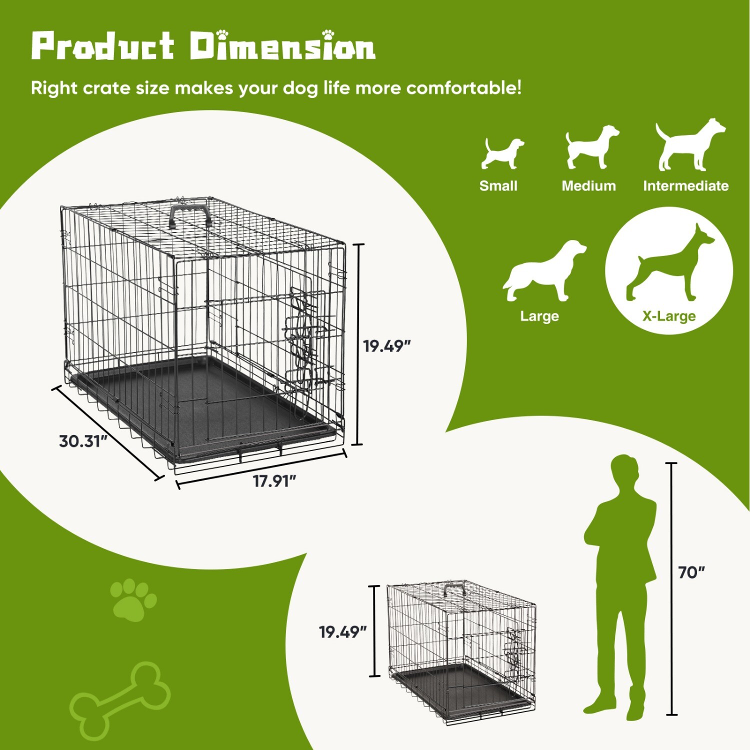 Foldable Metal Wire Dog Crate, Double Door,with Divider Panel & Plastic Pan Tray