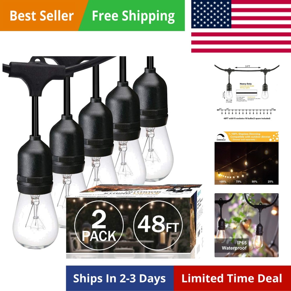 2 Pack 48FT Outdoor String Lights,Hanging Incandescent String Lights Commerci...
