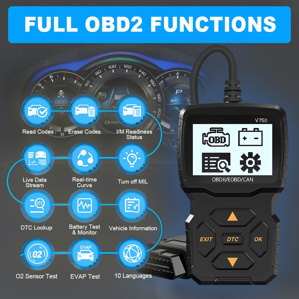 iKiKin V750 OBD2 Code Reader OBD Scanner Engine Diagnostic Tool for 12V Car