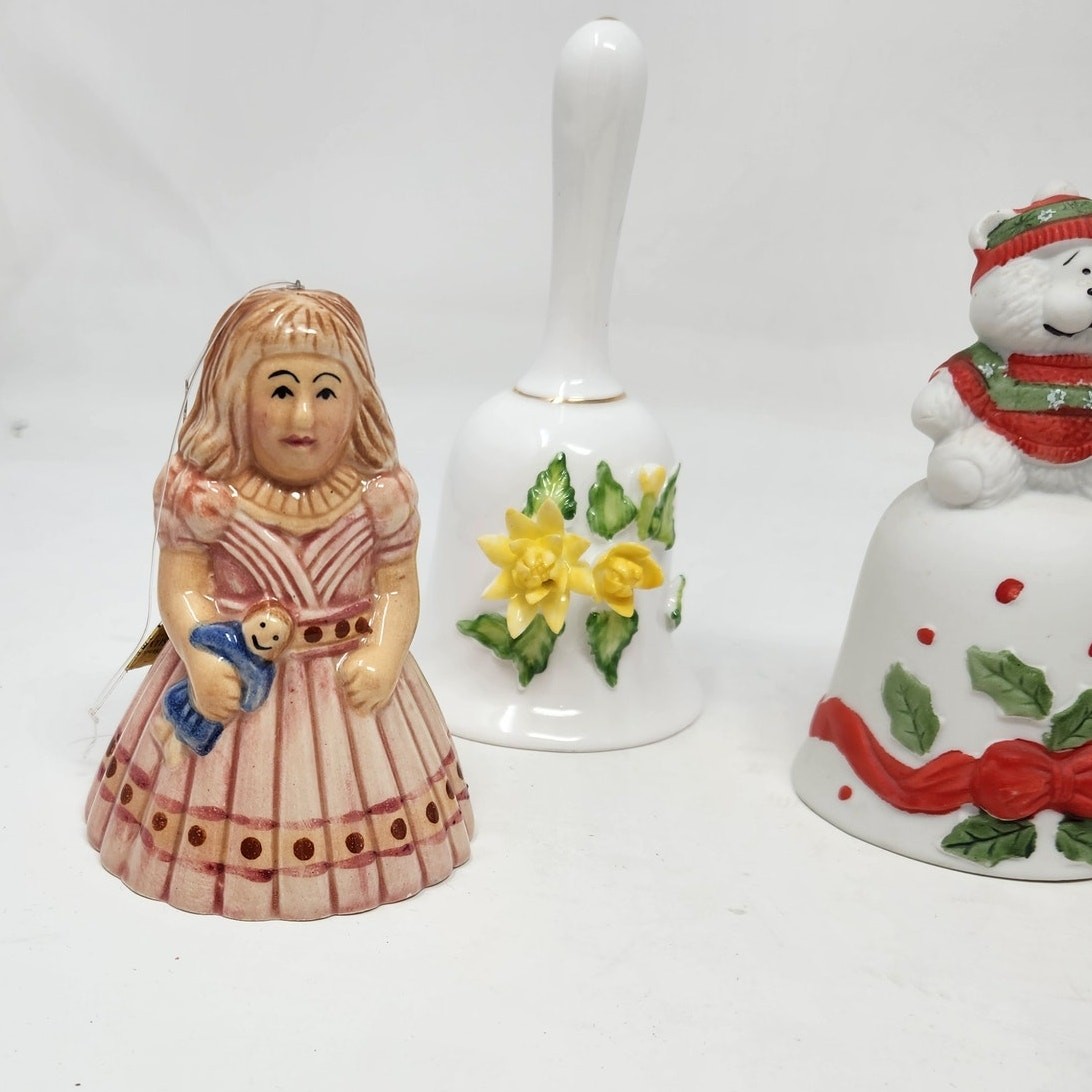 Lot Of 7 Mixed Etched Glass Ceramic Vintage Bells Collections Collectibles