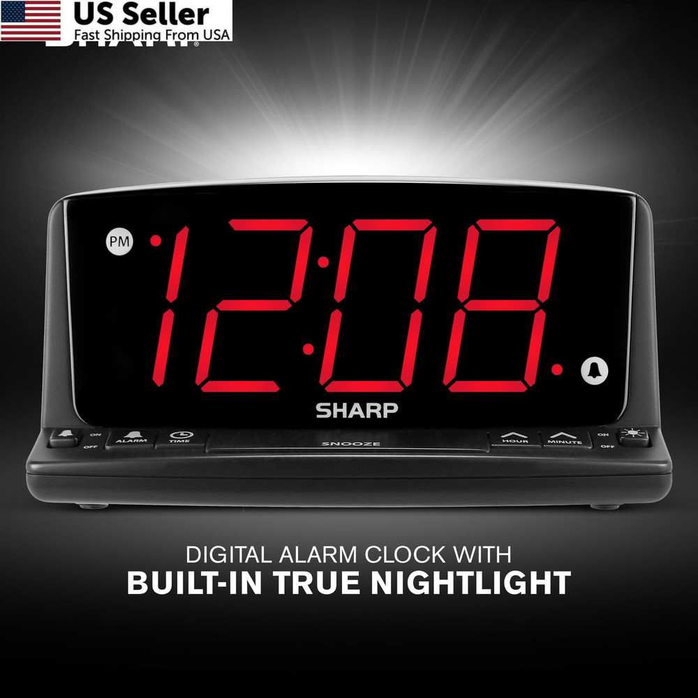 Sharp LED Digital Alarm Clock – Simple Operation - Large, Black - Red Led