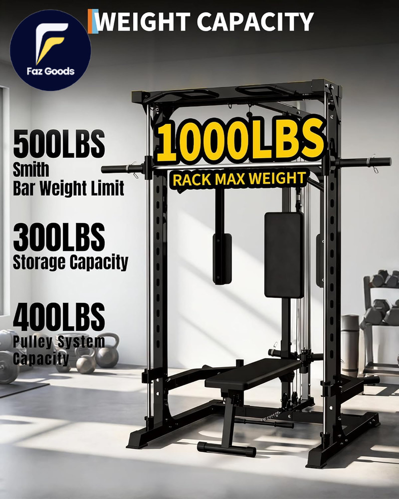 Smith Machine Heavy Duty Power Cage Squat Rack with Smith Bar LAT Pulldown