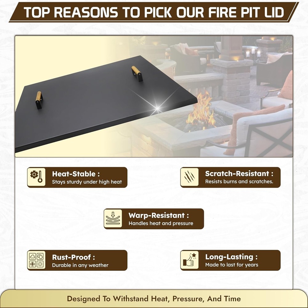 FEBTECH 34" Square Fire Pit Snuffer Lid for 32" FirePit with Wooden Handles