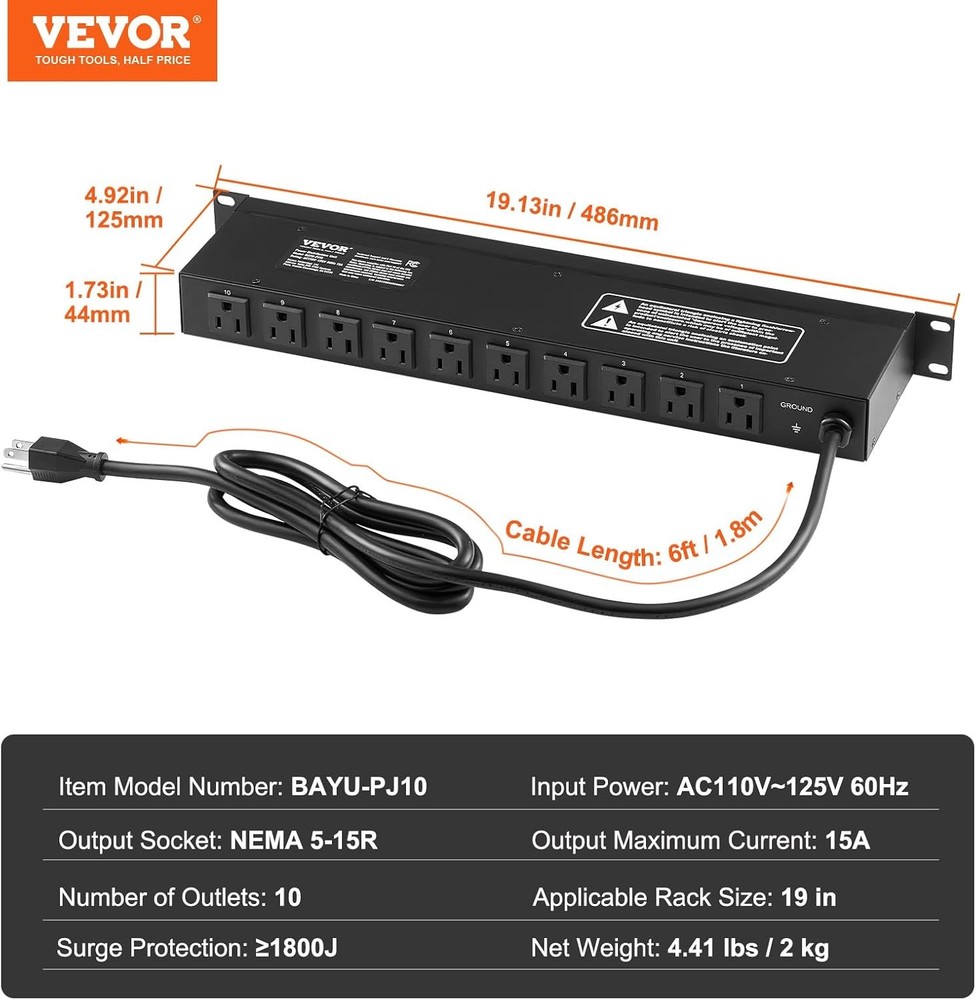 10 Outlet Horizontal 1U Rack Mount PDU Power Strip for Network Server Rack