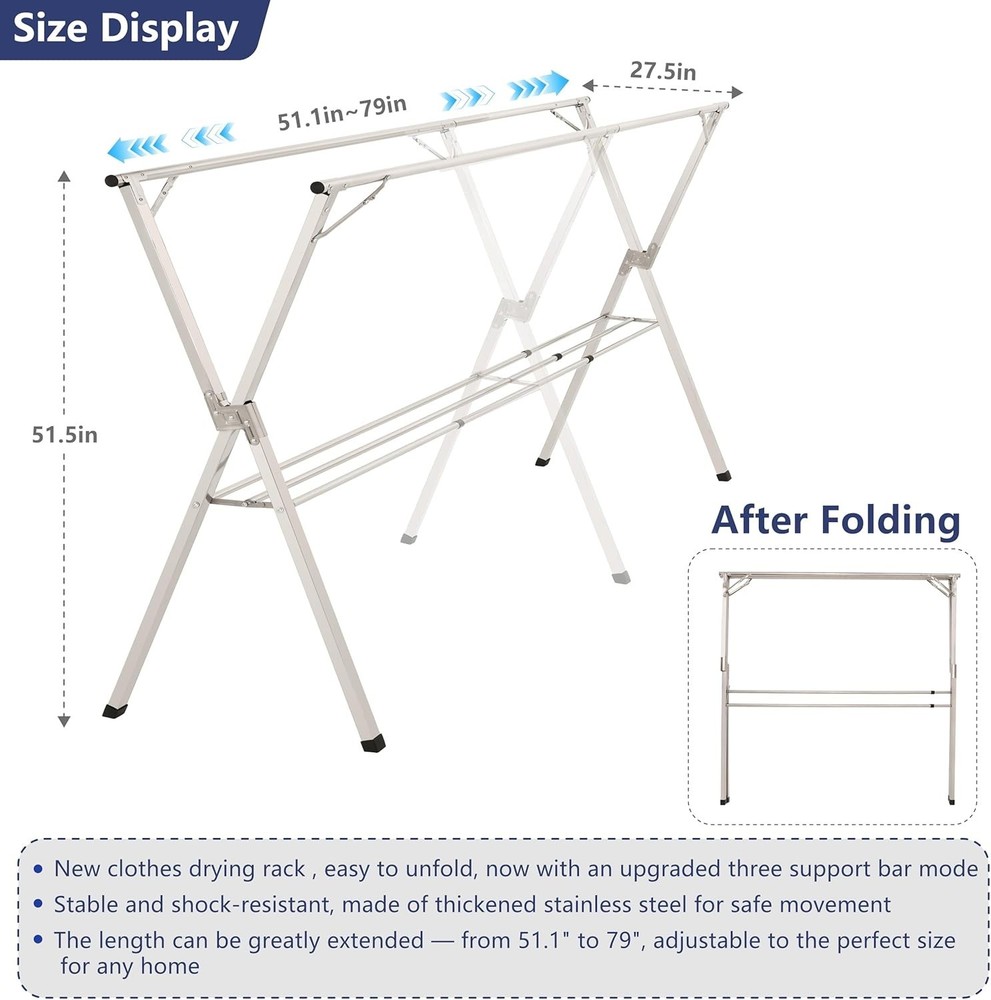 Sturdy 79" Stainless Steel Drying Rack - Lightweight, Adjustable & Space-Saving