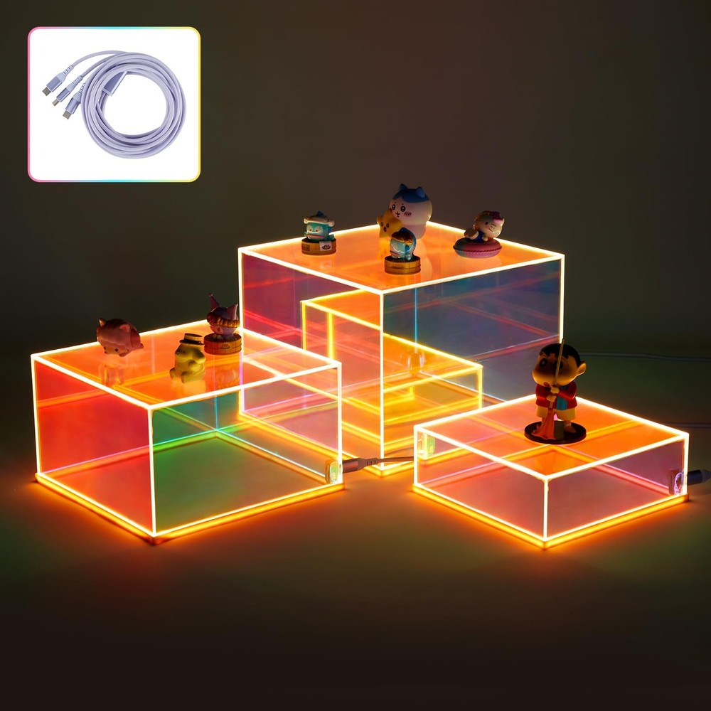 3Pcs Iridescent Acrylic Display Risers with light Plug and Play, Lighted Stac...